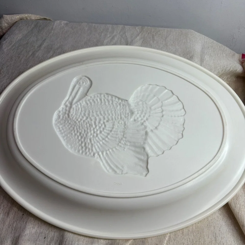 Vintage White Turkey Embossed Oval Serving Platter Thanksgiving Holiday